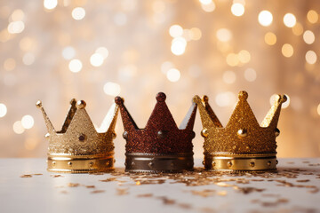Three gold shiny crowns on festive background. Three Kings day or Epiphany day holiday celebration night background