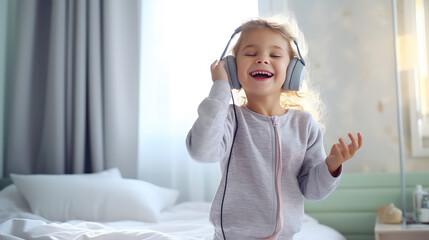 Cute smiling toddler girl wearing headphones having fun in the bedroom of the house. The girl listen music, dances, jump and sing.
