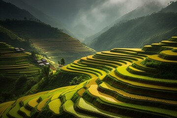 A stunning terraced rice field in Mu Cang Chai, North Vietnam near Sapa. Generative AI - obrazy, fototapety, plakaty