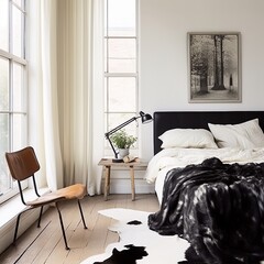 a sunny bedroom with white walls and a cowhide bed
