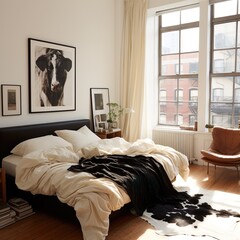 a sunny bedroom with white walls and a cowhide bed