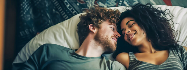 happy couple sleeping in bed, closeup