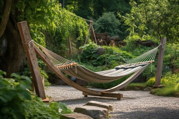 Two posts supporting a hammock. Generative AI