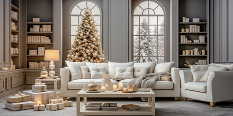 Christmas Decorated and Cozy Living Room in Luxury Apartment Wallpaper Background Digital Art Journal Poster Brainstorming