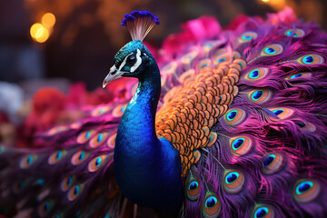 A brilliantly colorful peacock displaying its iridescent plumage in full glory. Concept of natural...