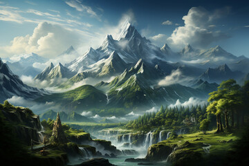 Landscape with lake, waterfalls, jungles and mountains fill with snow for International Mountain Day (11th December)