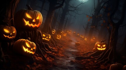 A group of glowing jack-o'-lanterns leads the way through a misty forest.