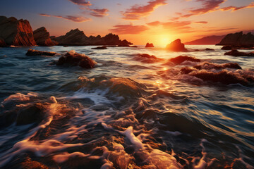Fototapeta premium A striking sunset casting a warm, golden glow over a tranquil seascape. Concept of a serene sunset. Generative Ai.