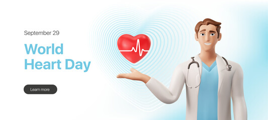 Web banner for World Heart Day. 3d character of a doctor pointing at a heart icon for a landing page. Vector illustration eps10 - obrazy, fototapety, plakaty