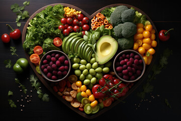 A heart-shaped vegetable salad, underlining heart-healthy food choices. Concept of cardiovascular health. Generative Ai.
