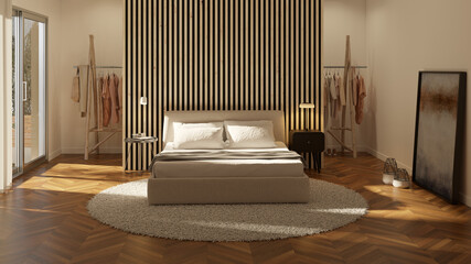 Modern bedroom interior design vray render. Artist room. Accogliente camera da letto con testata in legno.
