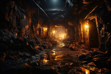 A collapsed mine tunnel, representing the dangers faced by miners in underground disasters. Concept...