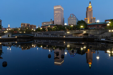 River walk in downtown Providence at dusk