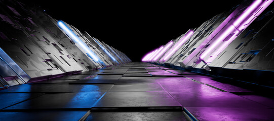 Futuristic background. Technology background. Tunnel. Corridor for your product. Hangar. Garage. Metal. Showroom. Neon Laser. Led lights. Futuristic corridor. 3D Rendering