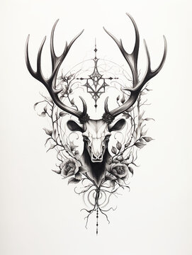 Deer Skull Antlers Skeleton Halloween Dare Pattern of Dried Plants Flowers Grass Branches Tattoo Print Stamp