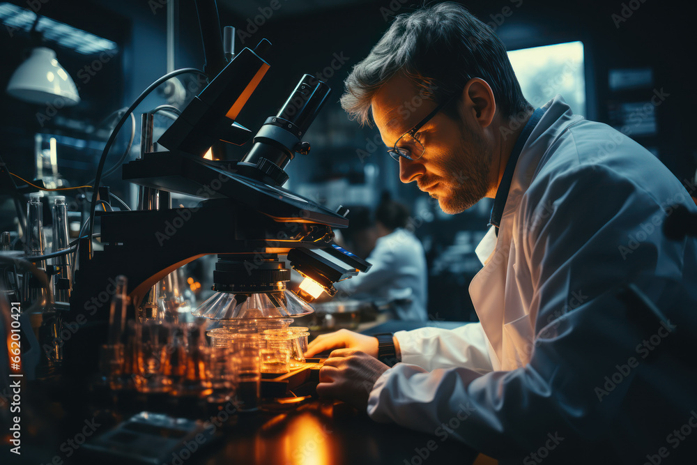 Poster a scientist peering through a microscope, studying cellular processes that occur in fractions of a s