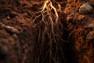 Close up macro shot of complex network of roots in soil on World Soil Day (05th December)