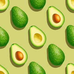 Avocado. Seamless avocado pattern on a green background with shadow. Whole and sliced avocado. The design is great for wallpaper, fabric, labels, packaging.