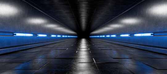 Metal. Showroom. Neon Laser. Led lights. Futuristic corridor. Futuristic background. Technology background. Tunnel. Corridor for your product. Hangar. Garage. 3D Rendering