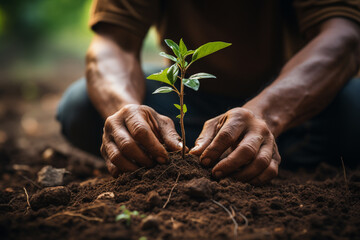 Pair of hands carefully planting a tree in nutrient rich soil, emphasize the role of afforestation and responsible land use in soil conservation on World Soil Day