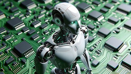 Highly detailed android robot with glowing green eyes, set against a background of a green electronic motherboard full of circuits and components.