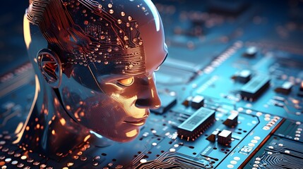 Close-up of an advanced robotic face with intricate details of circuits and electronic components, immersed in a bright environment with motherboards and chips.