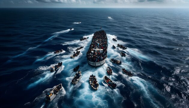 Aerial view of a boat crowded with migrants in the Mediterranean Sea, surrounded by small rescue boats, with the vast sea as a backdrop.