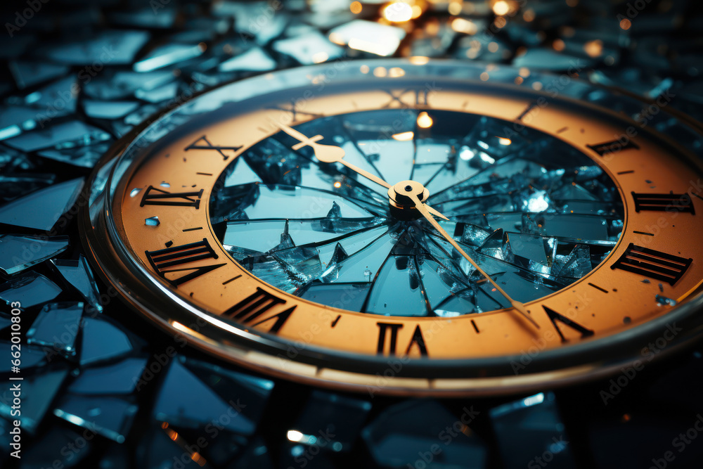 Poster a clock face with fractured glass, signifying the vulnerability of time to unexpected interruptions.