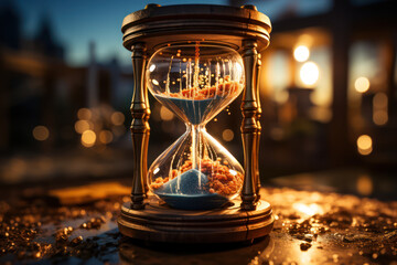 A broken hourglass releasing its last grains of sand, illustrating the finality of moments and the end of time. Concept of impermanence. Generative Ai.