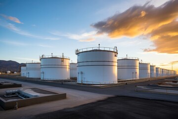 Tank farm with rows of oil storage tanks.
