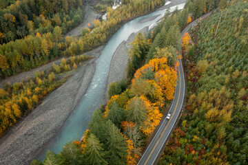 Aerial view along the Mt. Baker Highway of the Nooksack River during the fall season. Towering evergreens and leaf maples line the route of SR542 from Bellingham to Artisst Point and Heather Meadows. - 662011020