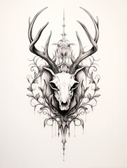 Deer Skull Antlers Skeleton Halloween Dare Pattern of Dried Plants Flowers Grass Branches Tattoo Print Stamp