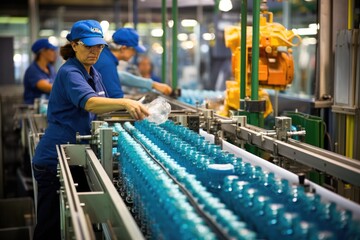 Process of beverage manufacturing on a conveyor belt at a factory.