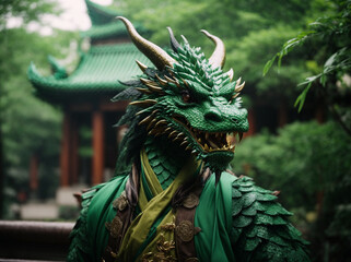 Chinese green wood dragon statue, symbol of the 2024 year
