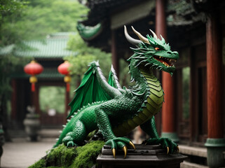 Fototapeta premium Chinese green wood dragon statue, symbol of the 2024 year