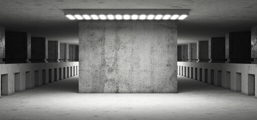 Tunnel. Technology background. Hangar. Garage. Futuristic corridor. Showroom. Metal. LED lights. Floodlighting. Futuristic background. 3D rendering