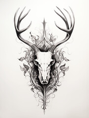 Deer Skull Antlers Skeleton Halloween Dare Pattern of Dried Plants Flowers Grass Branches Tattoo Print Stamp