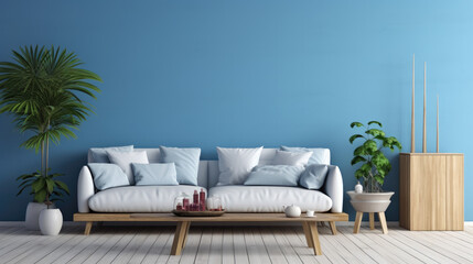 Modernes Wohnzimmer, Sofa in hellblau, Wandfarbe blau, Sofatisch aus rustikalem Holz, links und rechts vom Sofa Pflanzen, Holzdielen als Bodenbelag.