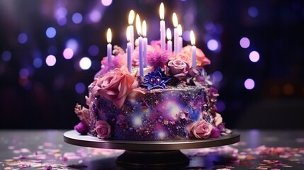 Obraz na płótnie Canvas An extravagant birthday cake featuring a dazzling galaxy-inspired design with deep blues, purples, and shimmering stars. The cake evokes a sense of wonder and cosmic beauty.