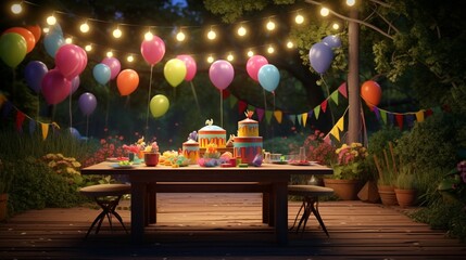 A backyard garden party with fairy lights, balloons, and a birthday cake on a table. - obrazy, fototapety, plakaty