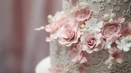 A close-up of a tiered birthday cake adorned with intricate sugar flowers and delicate lace-like patterns. The cake is a work of art, showcasing impressive craftsmanship.
