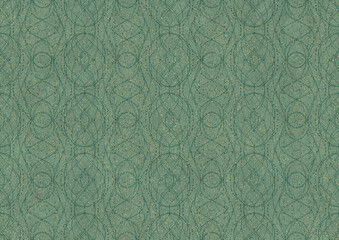 Hand-drawn unique abstract seamless ornament. Dark green on light cold green background, with splatters of golden glitter. Paper texture. Digital artwork, A4. (pattern: p10-2c)