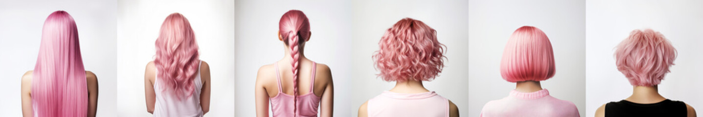 Various haircuts for woman with pink dyed hair - long straight, wavy, braided ponytail, small perm, bobcut and short hairs. View from behind on white background. Generative AI