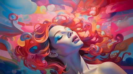 Tuinposter Surrealist and vibrant portrait of a woman immersed in an explosion of dreamlike colours and shapes, with flowing hair that blends harmoniously with her surroundings. © EAphotography