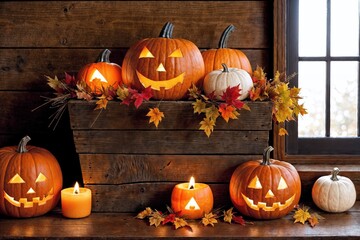 halloween holiday decoration with pumpkins, autumn leaves and candles, still life, cozy, festive background