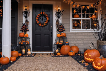 exterior of the old wooden house is decorated with harvest of pumpkins and leaves for halloween...