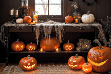 halloween holiday decoration with pumpkins, autumn leaves and candles, still life, cozy, festive background
