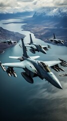 Fighter jets flying in formation over the ocean - obrazy, fototapety, plakaty