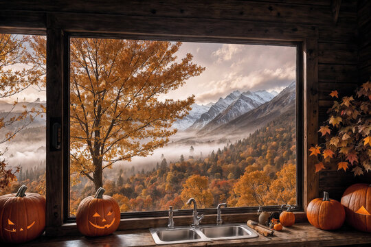halloween holiday decoration with pumpkins, autumn leaves and candles, still life, cozy, festive background, beautiful landscape outside the window