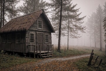 wooden house in a forest, autumn nature as background, overcast, trees and fog